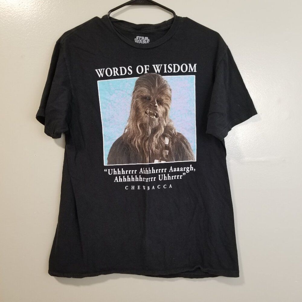 Star Wars Chewbacca Words Of Wisdom Black Cotton T Shirt By Mad Engine L